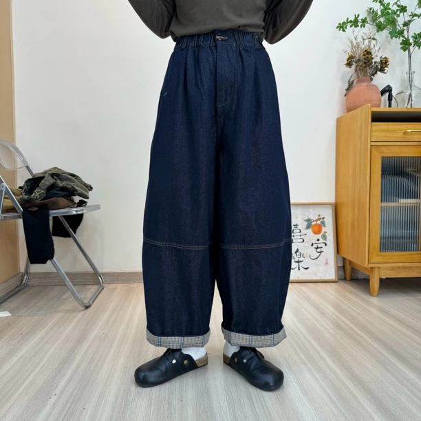 春款自制宽松百搭显瘦腰松紧气球牛仔裤