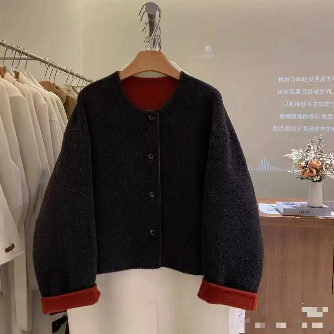 秋冬新款双面羊毛小个子短款宽松羊毛大衣
