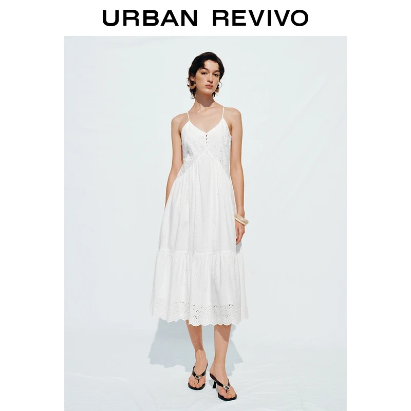 UR2025夏季新款女装芭蕾度假风花朵镂空棉质吊带连衣裙UWH750075