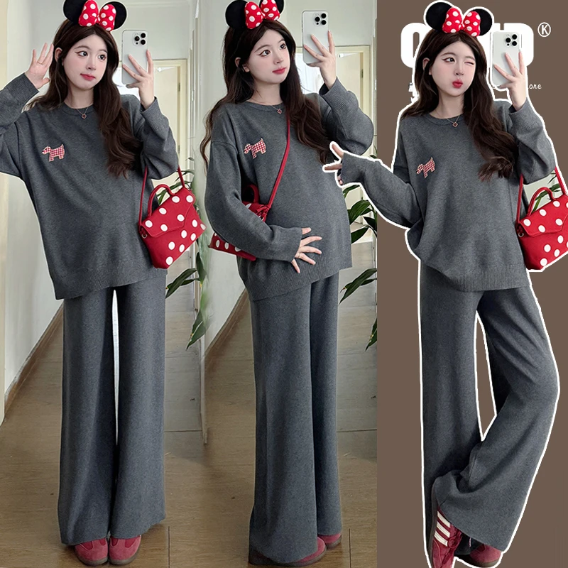 【安安】孕妇装秋装刺绣上衣+阔腿裤子两件套韩版休闲洋气套装秋季