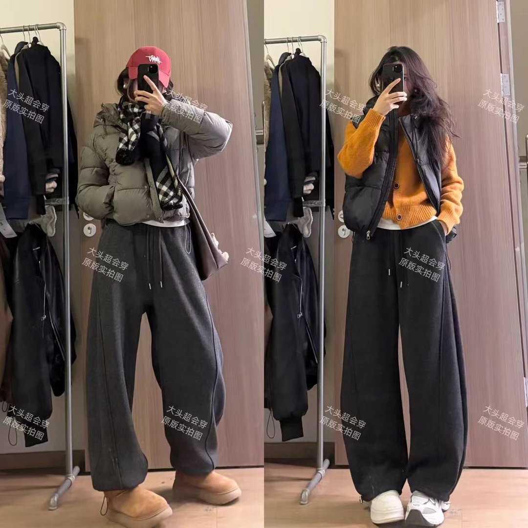 加绒羊毛呢阔腿裤女2025秋冬季新款休闲加厚慵懒香蕉卫裤子