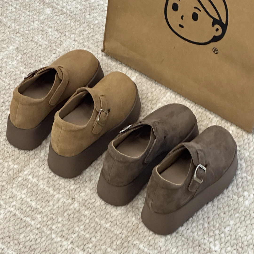 晚睡兰•内增高9.5cm牛皮版厚底增高勃肯鞋女复古一脚蹬丑萌大头