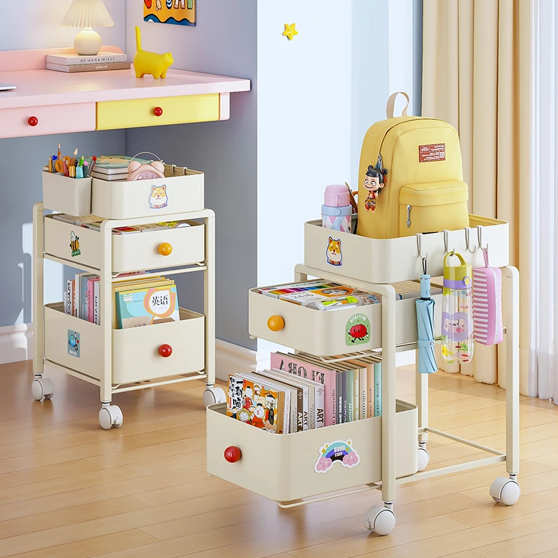 雅图诗钢制书包置物架可移动小推车学习书桌下带轮收纳筐放置神器