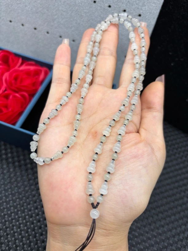 保真天然和田玉白玉圆珠葫芦5mm玉石挂牌绳毛衣链长链时尚百搭款