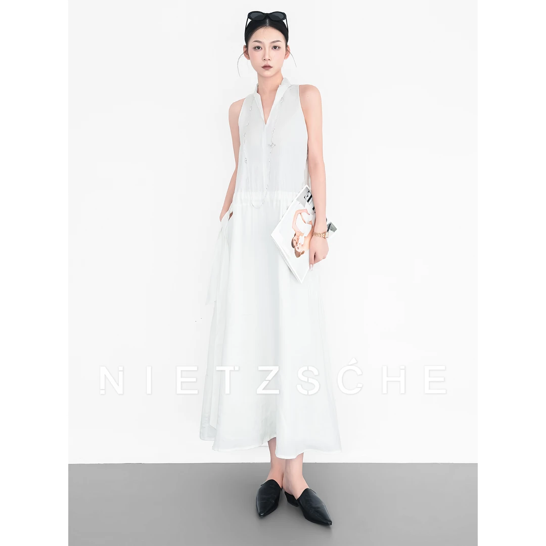 Nietzsche｜氧气女神裙｜简约1oo%亚麻V领挂脖度假风白连衣裙90021