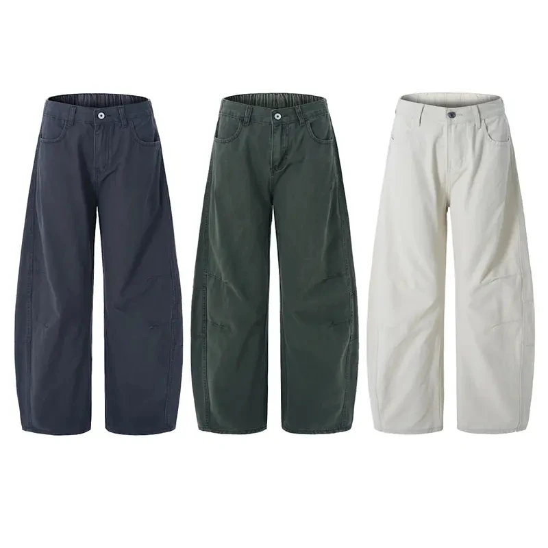 夏季美式复古洗褪baggy阔腿工装裤男女宽松直筒弯刀裤拖地长裤子