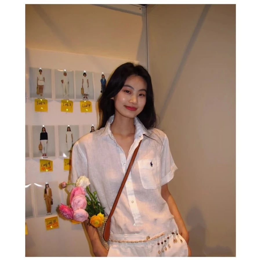 杰瑞【劳伦假日】拉夫亚麻短袖衬衫宽松显瘦刺绣白色衬衣高级感上衣