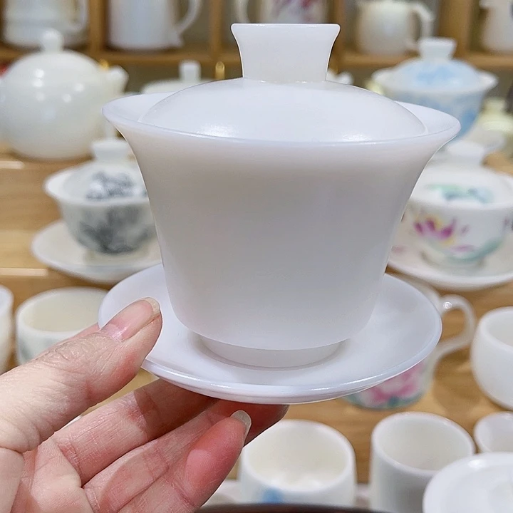 冰种素烧马蹄盖碗130厚胎躁**符