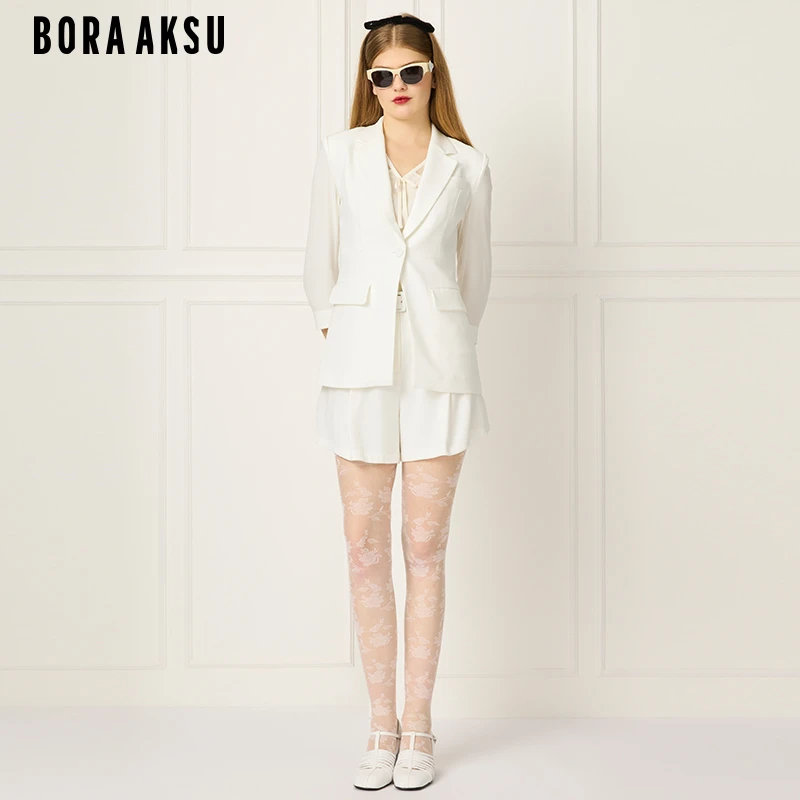 BORAAKSU2025初夏新品三醋酸纯白优雅百搭A字褶裥短裤B1FCW58090