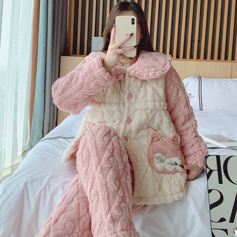 冬季三层夹棉隐形拉链孕妇加厚法兰绒月子服哺乳服外穿家居服