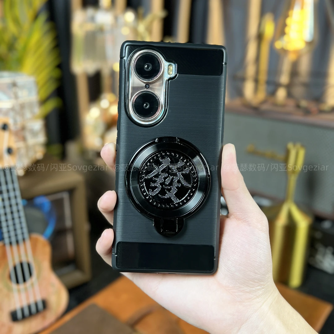 【碳纤维拉丝纹+发字陀螺支架】适用于荣耀60 Pro解压手机壳