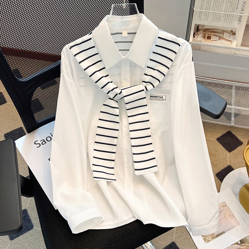 时尚长袖衬衫女装2025春秋爆款条纹披肩假两件宽松设计感休闲上衣