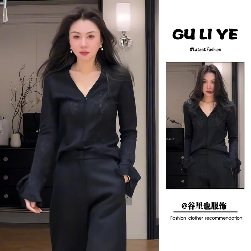 2026年新款洋气单品法式优雅荷叶袖上衣极简风显瘦V领蕾丝女上衣