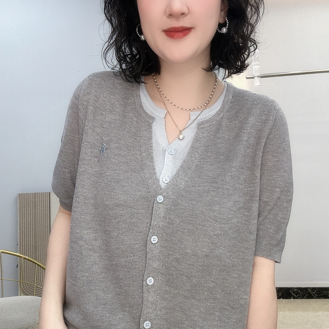 韩系冰丝短袖针织衫开衫女2025夏季新款假两件洋气刺绣外搭上衣薄