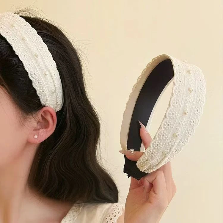 高级米色花朵蕾丝珍珠宽边发箍女压发洗脸发卡时尚洋气头箍发饰