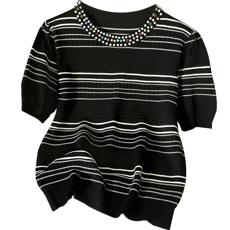 丝柏舍2025夏季新款女装休闲撞色条纹圆领短袖针织衫S52F0023Z