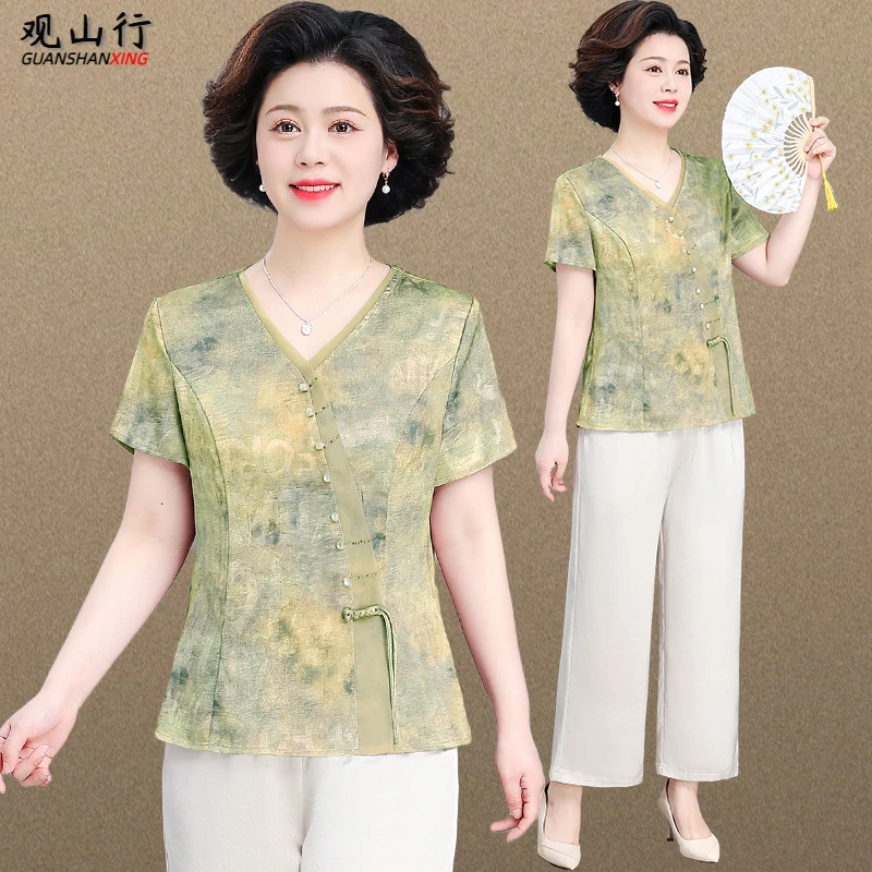 新中式妈妈夏装套装中老年人夏季短袖t恤女奶奶夏天上衣服两件套