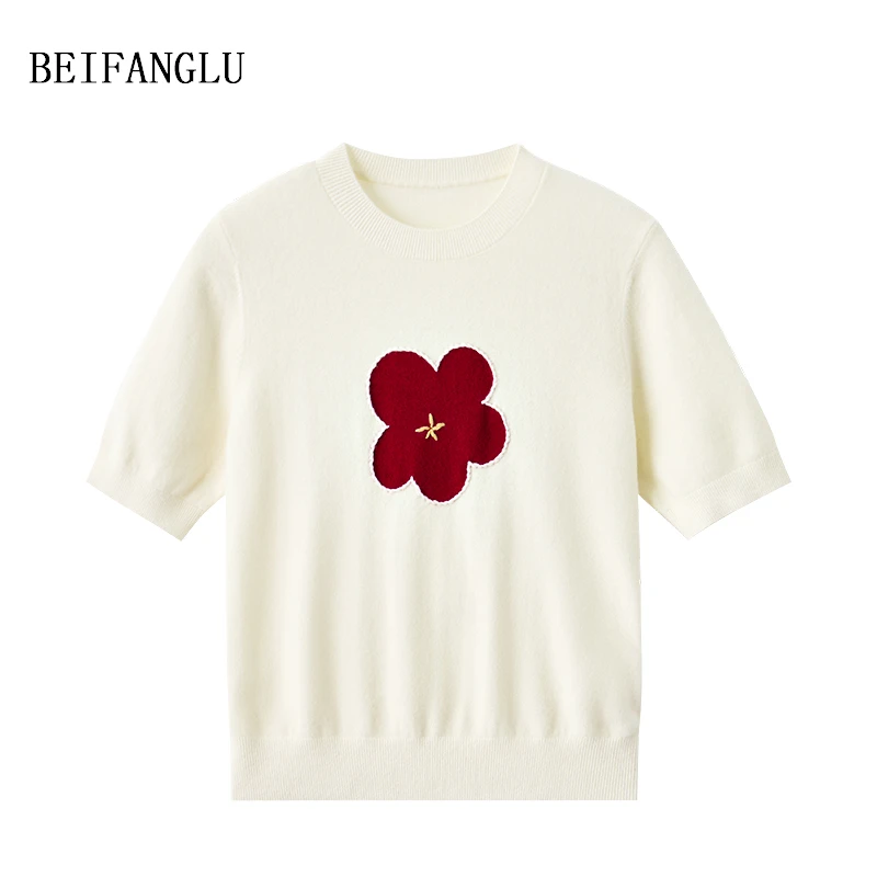 北方鹿 复古通勤100羊毛2025气质圆领花朵提花针织短袖女2933