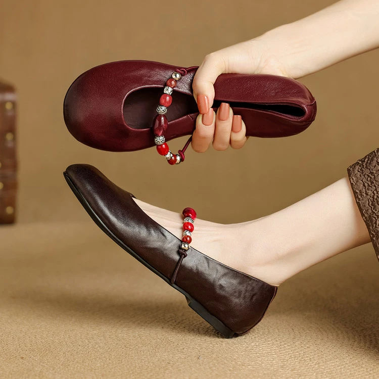 头层羊皮~1cm圆头复古风芭蕾舞平底鞋浅口玛丽珍真皮单鞋软底棕色