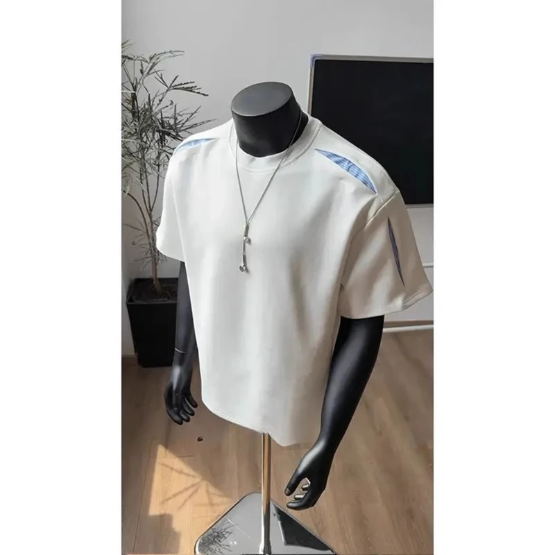 美式条纹解构拼接设计t恤男款夏季潮牌cleanfit正肩短袖白色上衣
