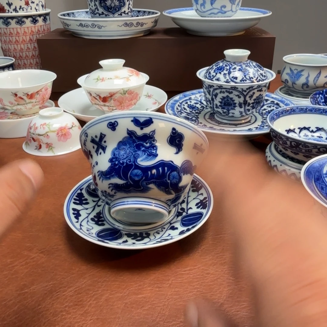 张***哥陶摆件微瑕三才狮子盖碗景德镇发货