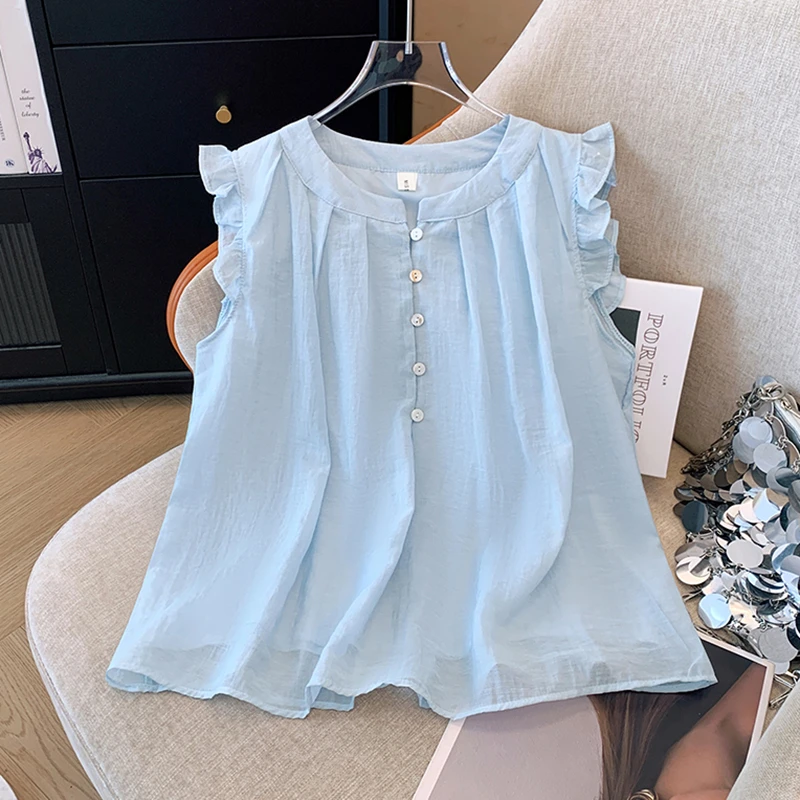 2025夏季新款木耳边小飞袖衬衫女圆领压褶遮肚子显瘦娃娃衫上衣潮