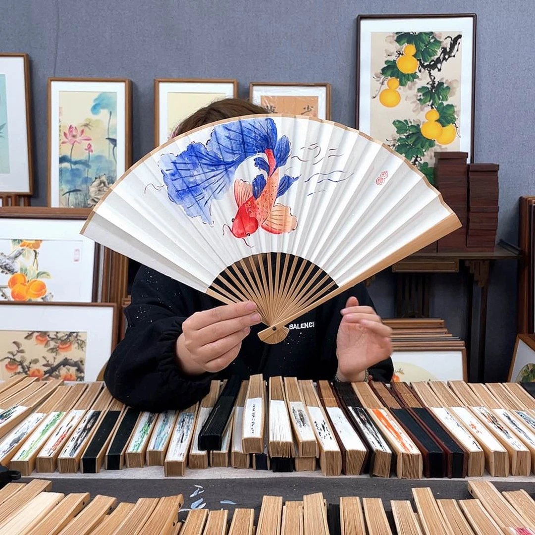 国画8寸玉竹-纯手绘-文玩扇骨（默认粘好）