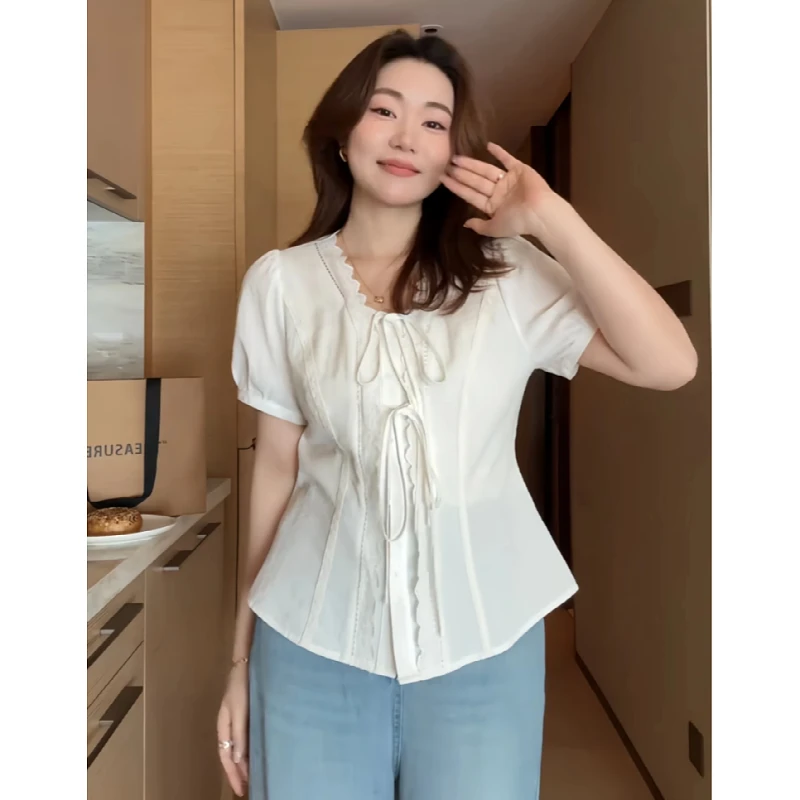 大码胖mm甜美风蕾丝拼接设计感花边衬衫夏季新款遮肉宽松显瘦上衣