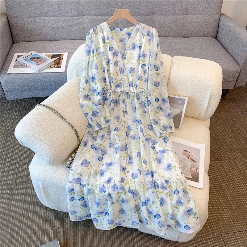 度假风清新淡雅法式过膝长裙时尚高腰遮肚宽松百搭中长款连衣裙女