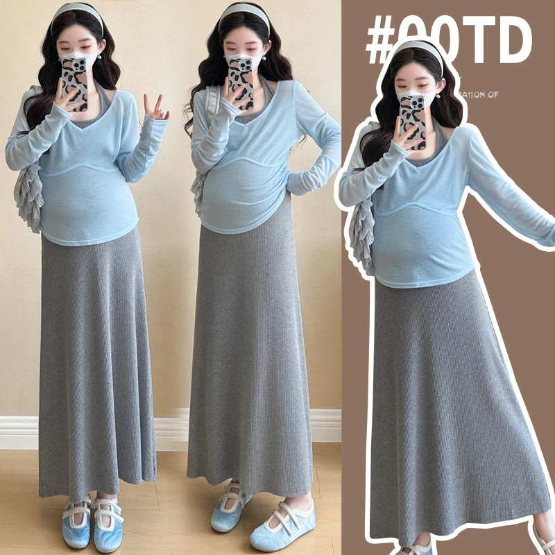 孕妇套装早秋新款宽松挂脖百搭背心裙＋V领上衣气质轻熟通勤两件套