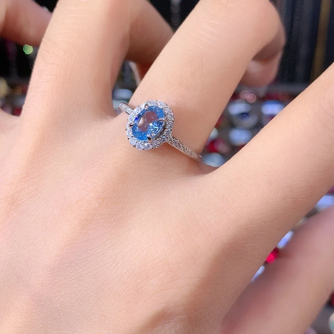 银S925镶嵌戒圈海蓝宝石白57