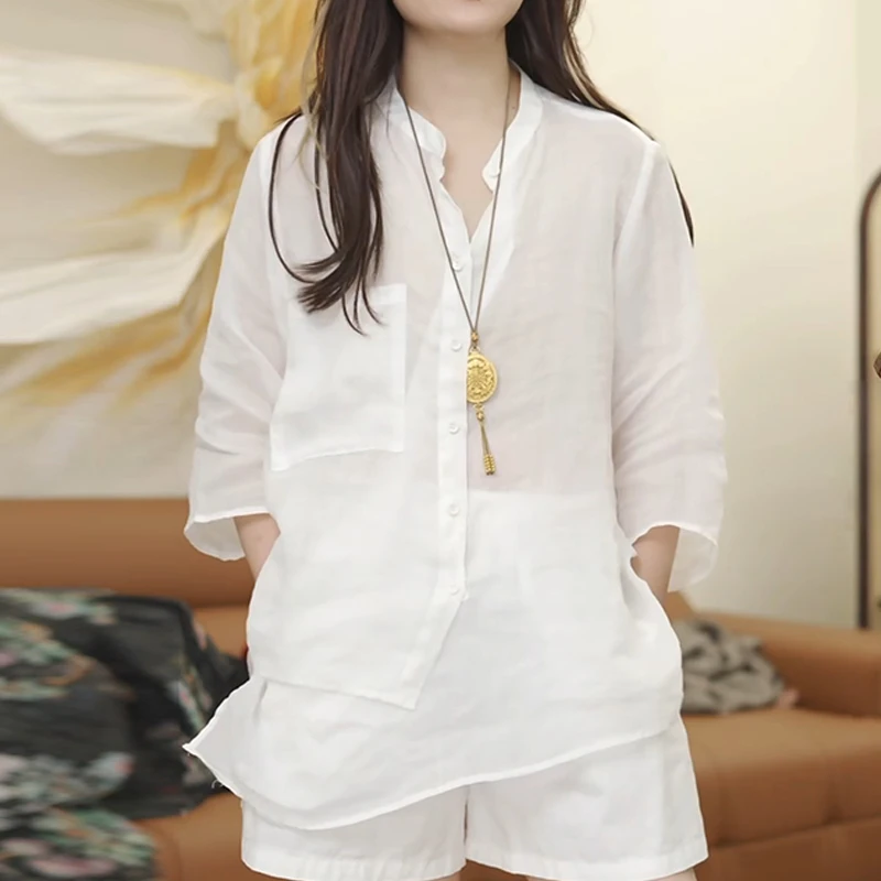 大码胖MM纯色薄款立领七分袖衬衫女慵懒风宽松简约单排扣防晒上衣