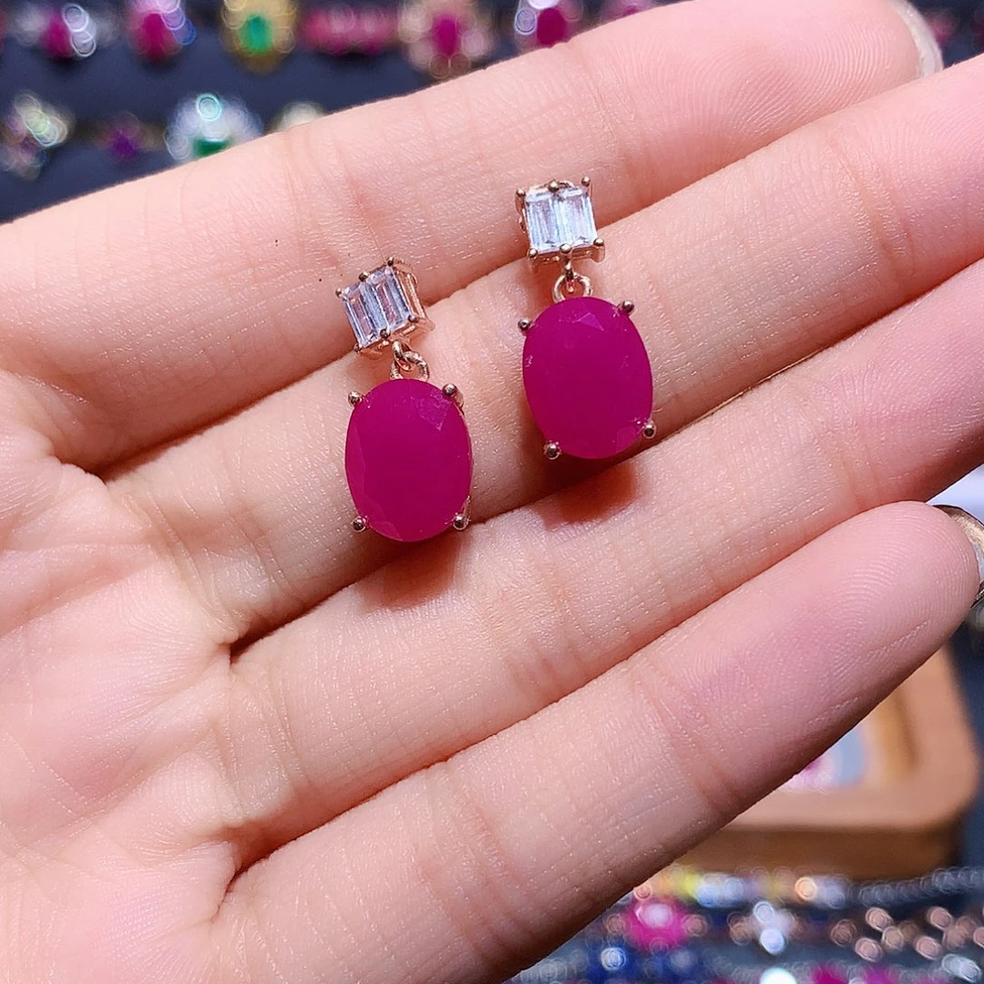 银S925镶嵌红宝石耳饰