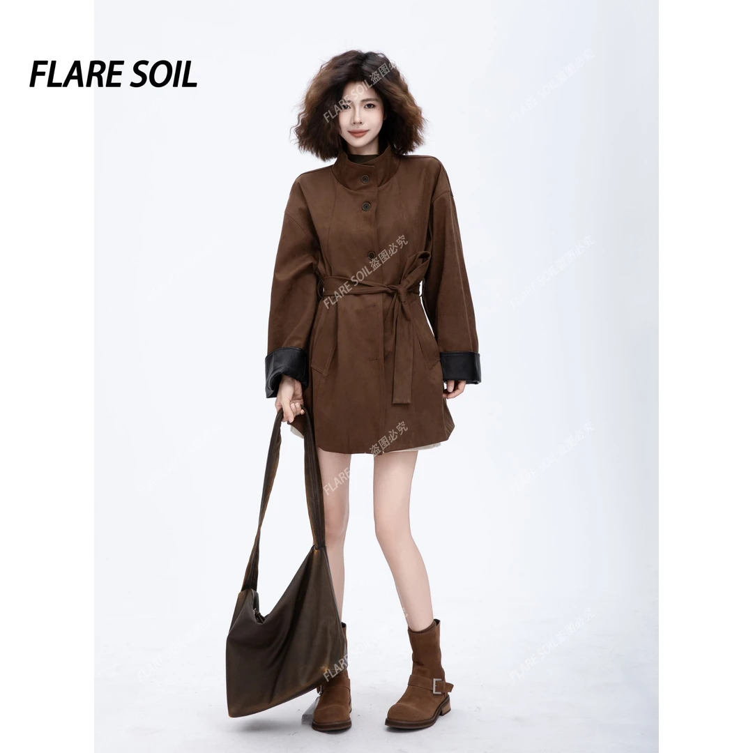【FLARE SOIL】气质港风穿搭韩版风衣外套拼接立领大衣 T4719A