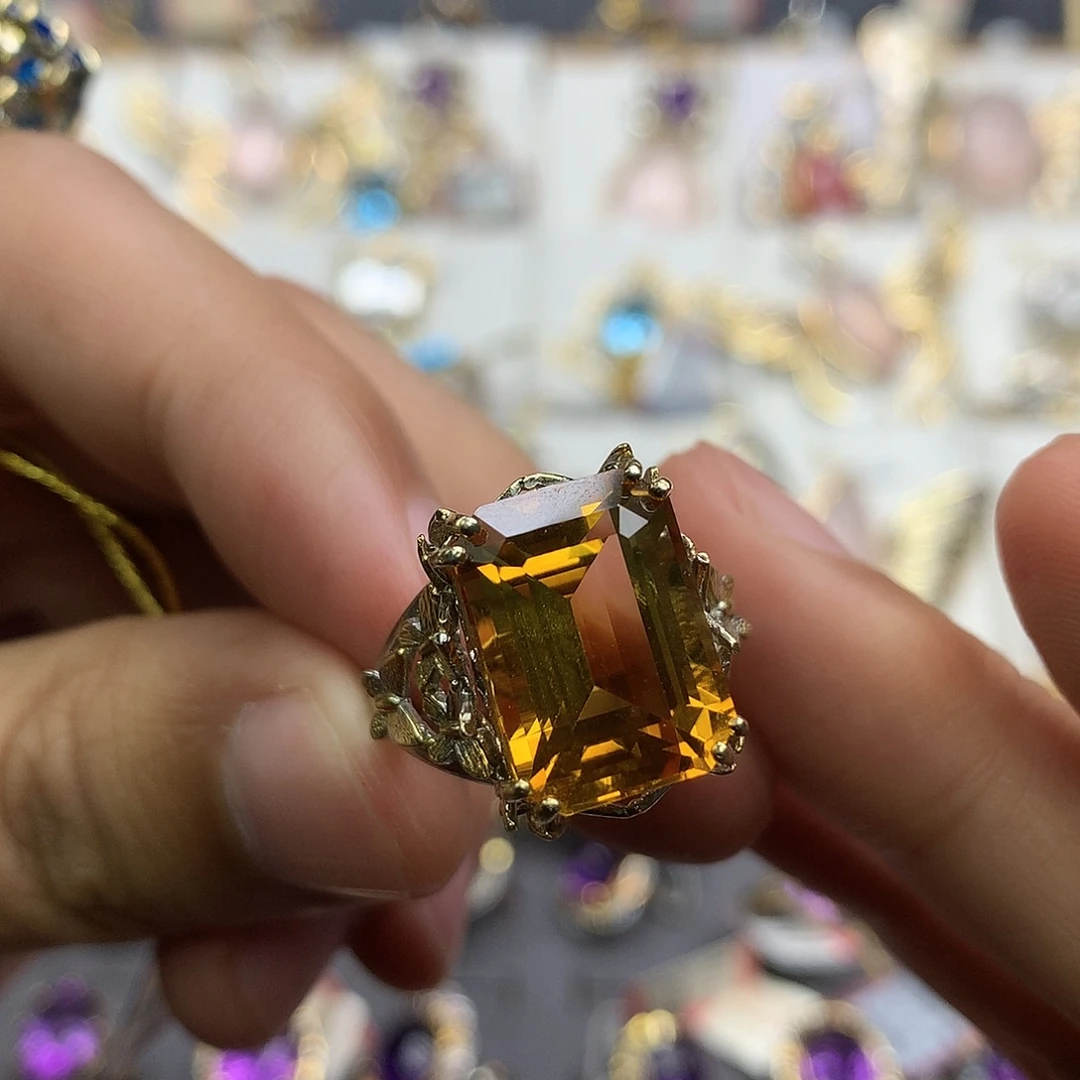 戒指水晶银S925镀金镶嵌