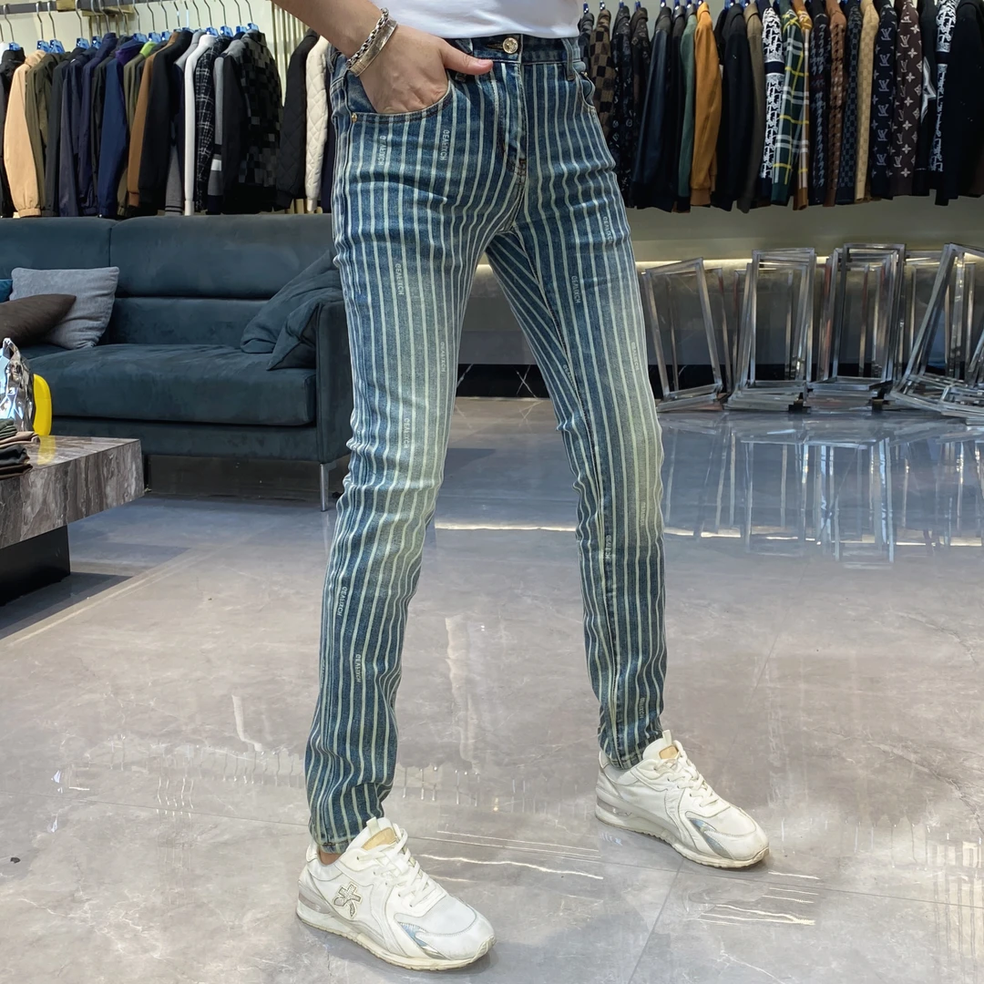 【也许家】新品春秋洋气条纹修身帅气牛仔裤男士欧货浅色裤子TH2287