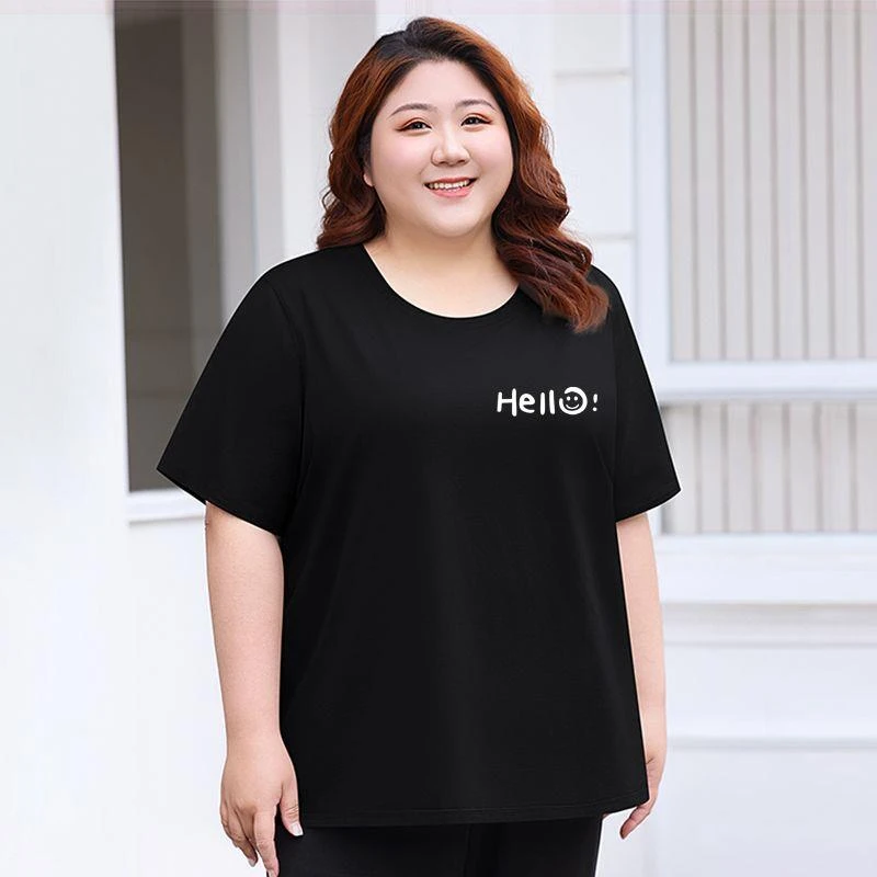 特大码女装夏季新款圆领短袖t恤加肥胖妈妈时尚色简约显瘦上衣