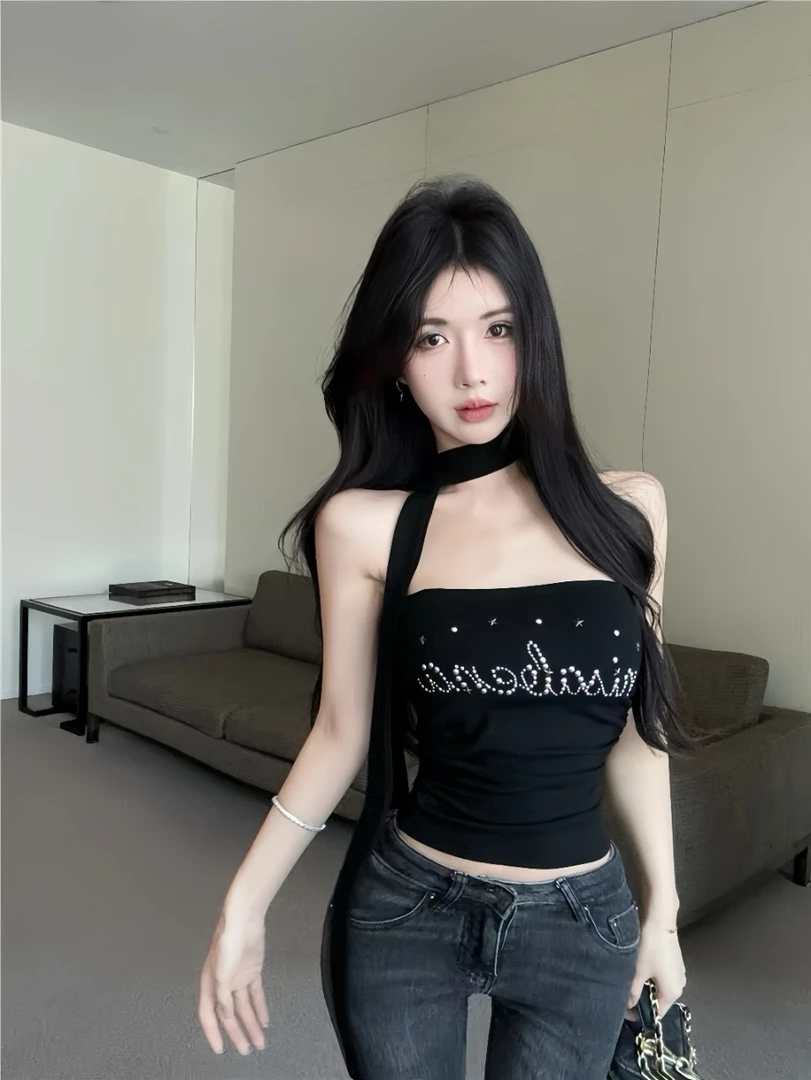 美式烫钻吊带背心女外穿夏季泰式辣妹一字肩挂脖抹胸小上衣带胸垫