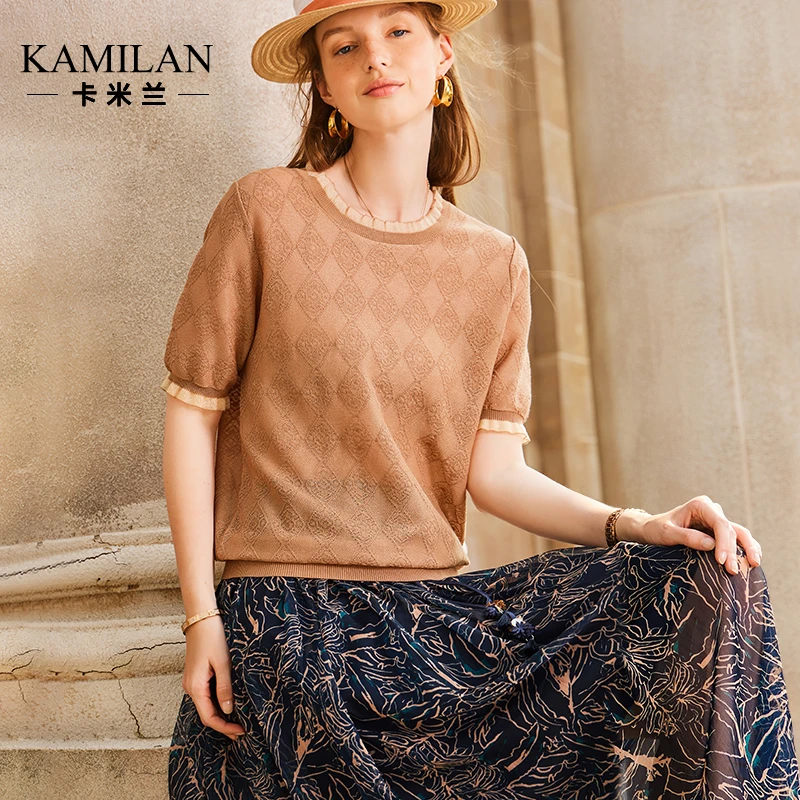 卡米兰短袖针织衫女2024夏季新款宽松短款圆领套头针织T恤上衣