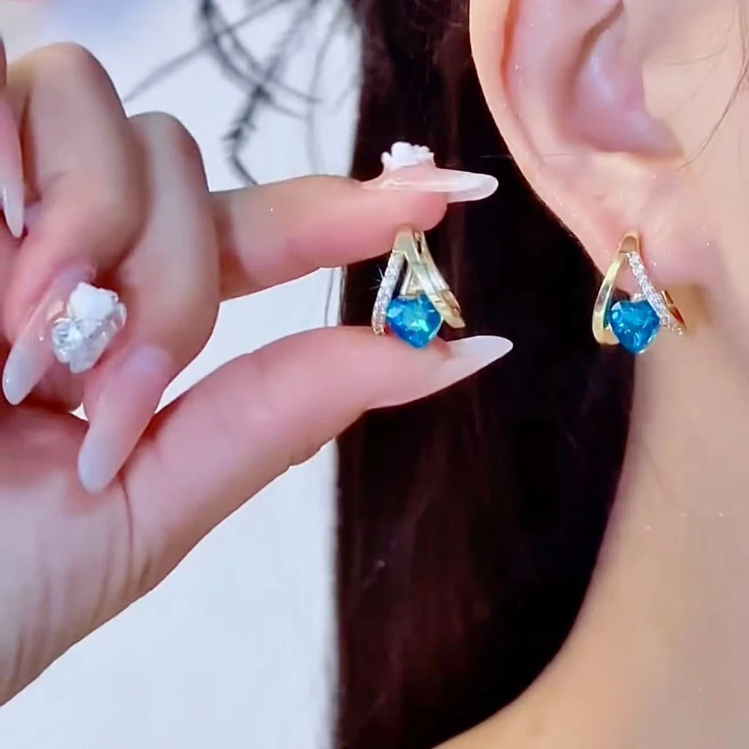 铜合金合成锆石耳饰 蓝色海洋之心耳环小众耳环微镶锆精致耳饰194