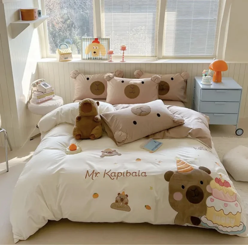 梦悦｜【全棉蛋糕卡皮巴拉 】全棉100棉卡通贴布绣刺绣四件套