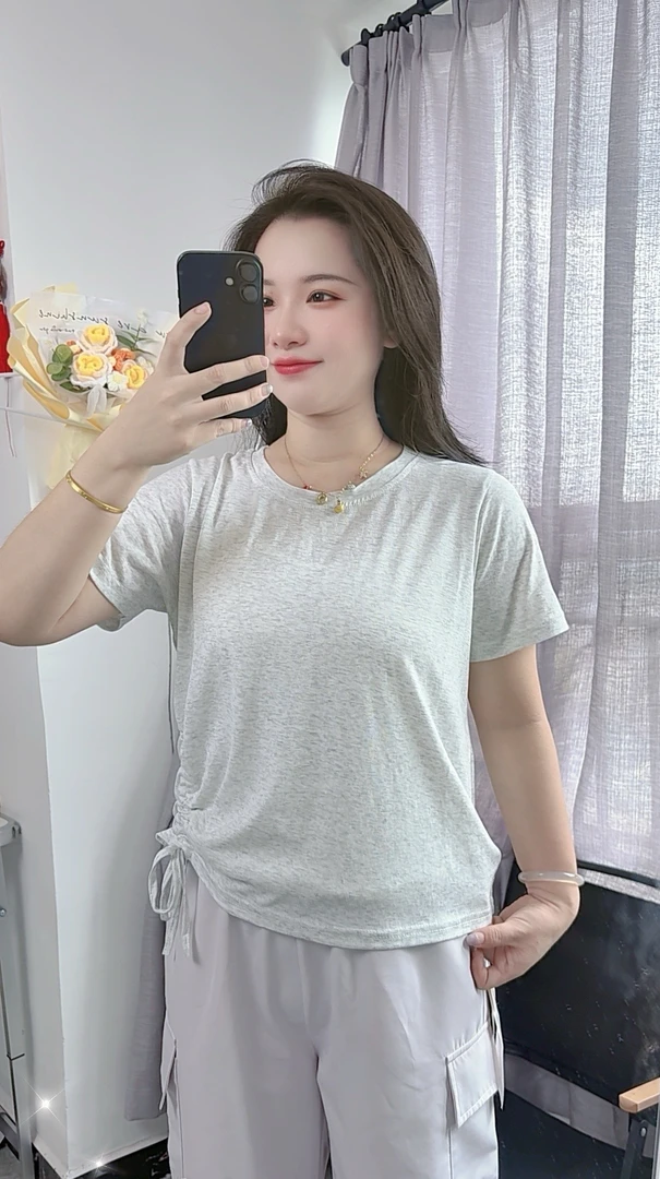 大娟2586夏季新款圆领抽褶显瘦简约雪花棉轻薄透气短袖T恤女