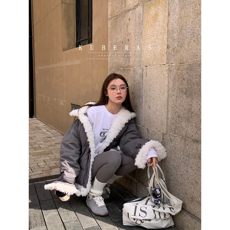 KUBERAS 【保暖加倍】冬日加倍毛毛羽绒拼接外套短款宽松羽绒服
