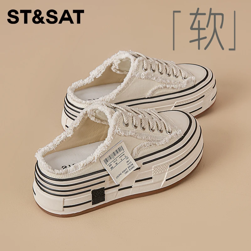 星期六松糕包头半拖鞋女高级感秋季外穿厚底帆布鞋懒人乞丐小白鞋