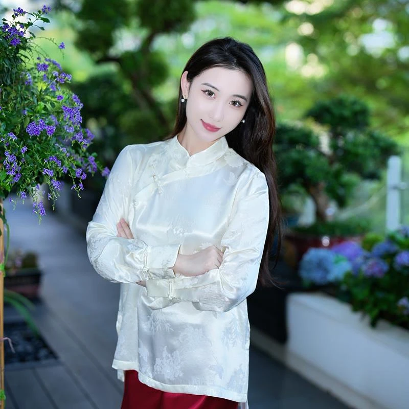 蓝大【竹菊】桑蚕丝立领上衣7418