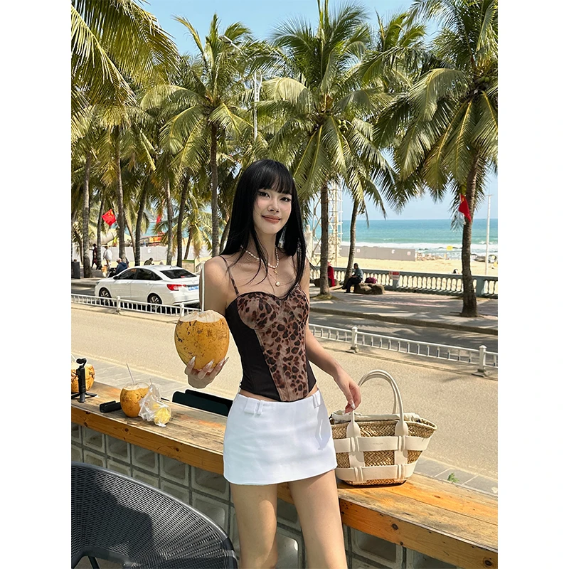 VENUIE【野生设定】豹纹背心女修身显瘦拼接网纱吊带短上衣01063