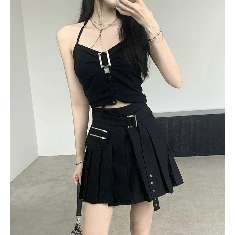夏季暗黑辣妹甜酷不规则拼接高腰半身裙黑色短款设计感机能朋克女