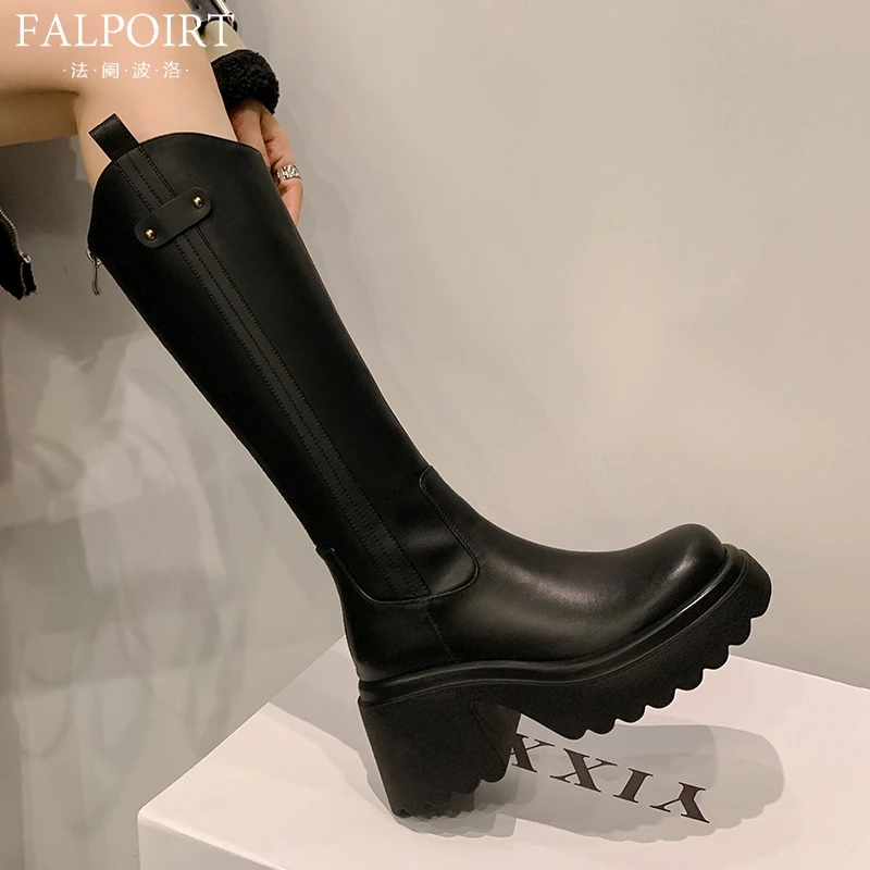 FALPOIRT 不过膝长筒靴子女粗腿大筒围显瘦秋冬骑士靴V口厚底增高
