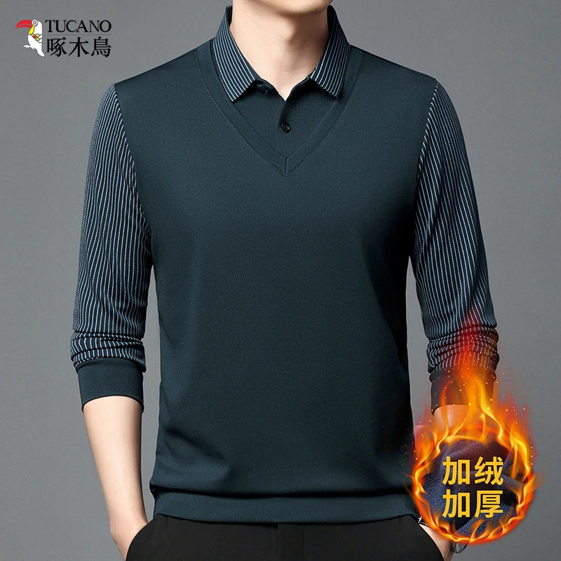 TUCANO/啄木鳥秋季新款男士休闲百搭宽松翻领时尚长袖假两件T恤