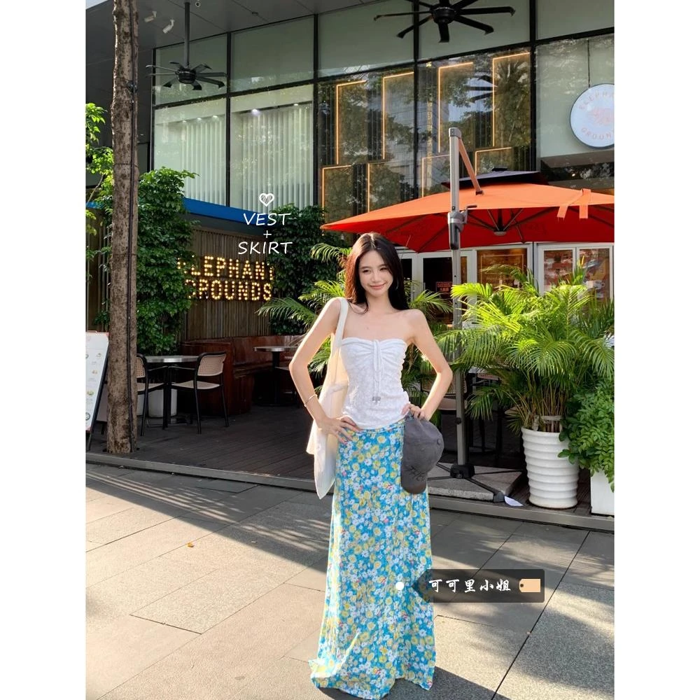 纯欲风抽褶修身抹胸上衣女夏季新款碎花显瘦高腰半身长裙时尚套装